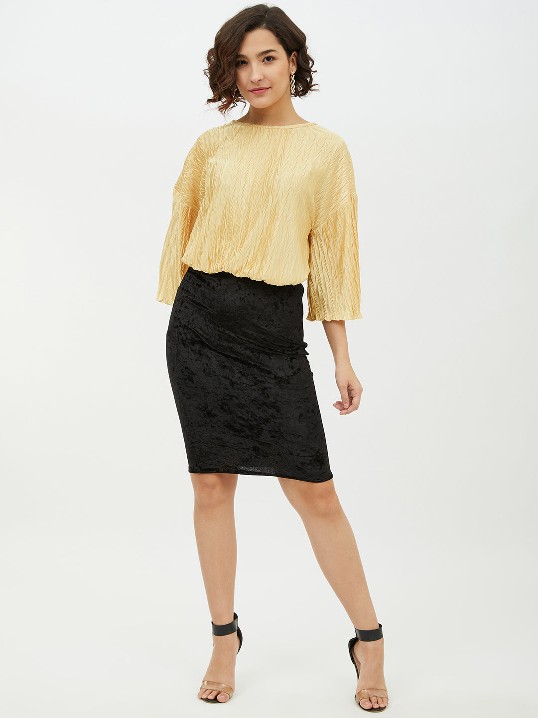 Women's Gold Polyester Satin Crinkle Pattern Top