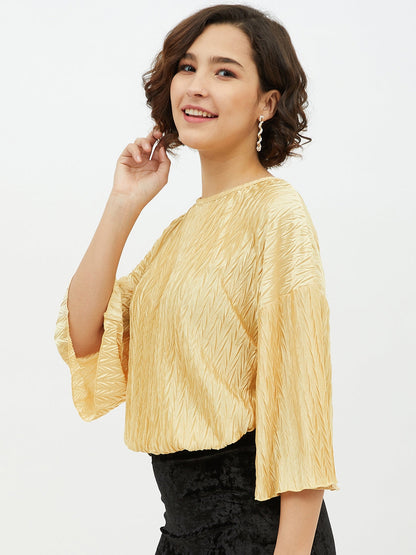 Women's Gold Polyester Satin Crinkle Pattern Top