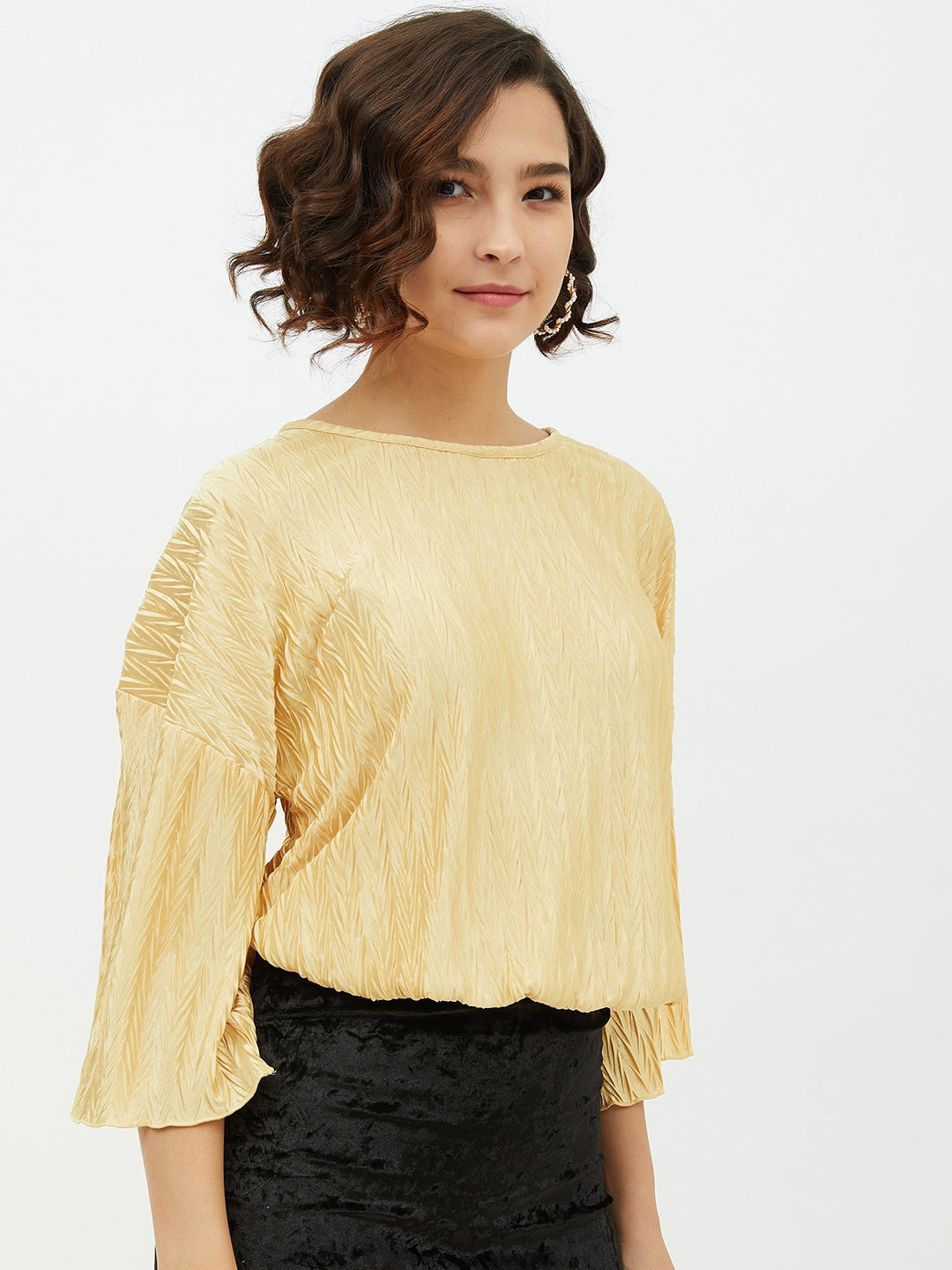 Women's Gold Polyester Satin Crinkle Pattern Top