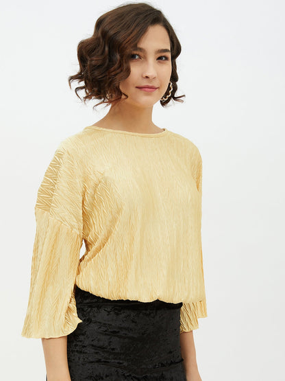 Women's Gold Polyester Satin Crinkle Pattern Top