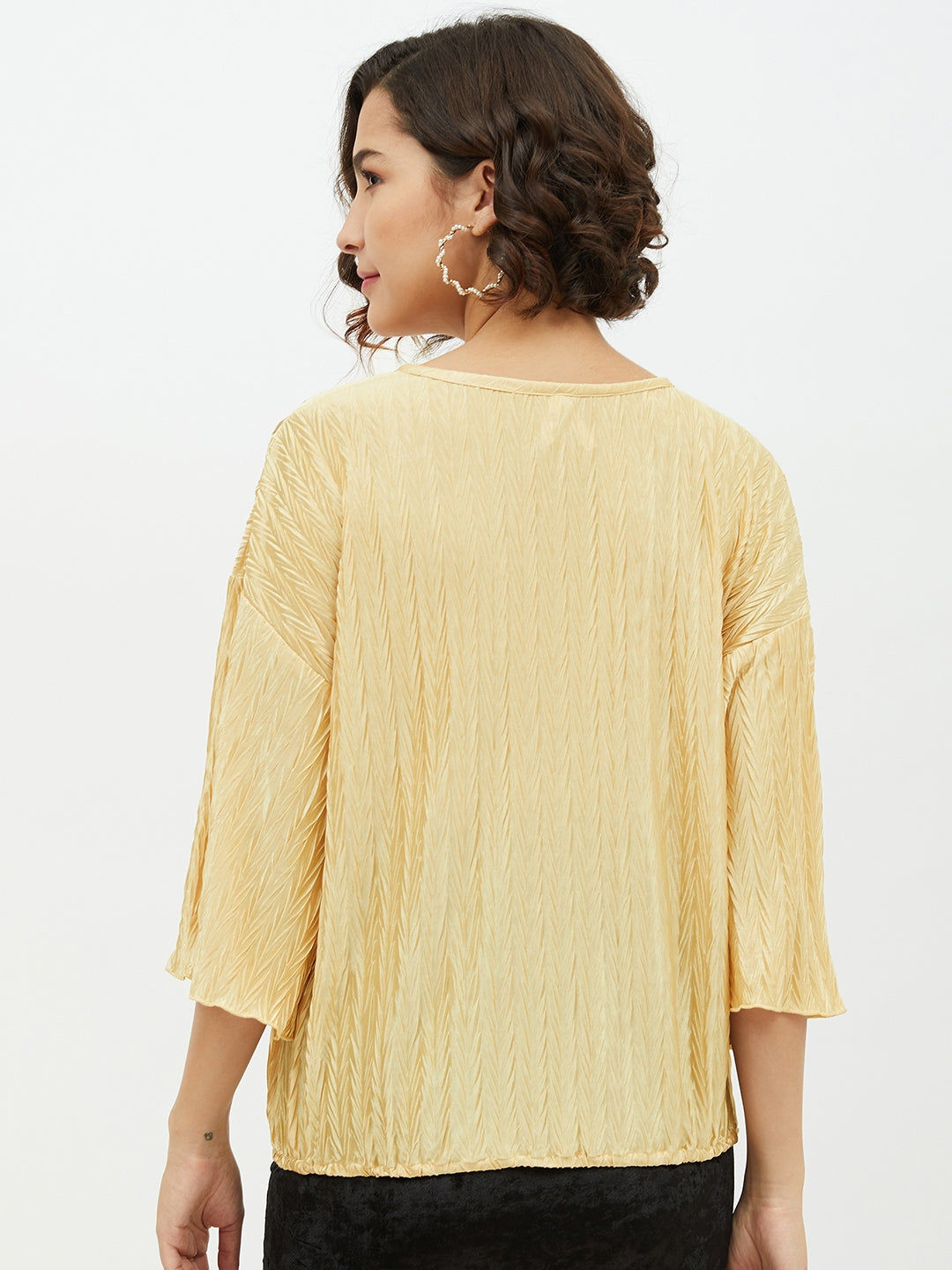 Women's Gold Polyester Satin Crinkle Pattern Top