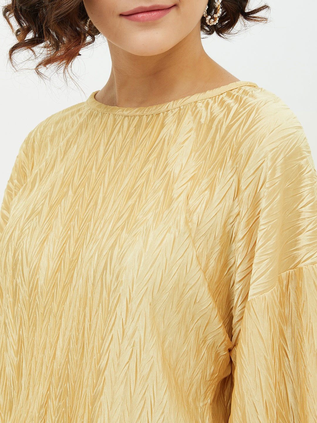 Women's Gold Polyester Satin Crinkle Pattern Top