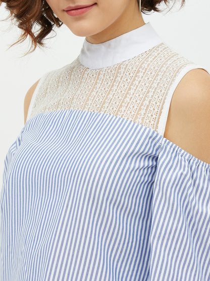 Women's Blue & White Cotton Stripe with Lace detail top