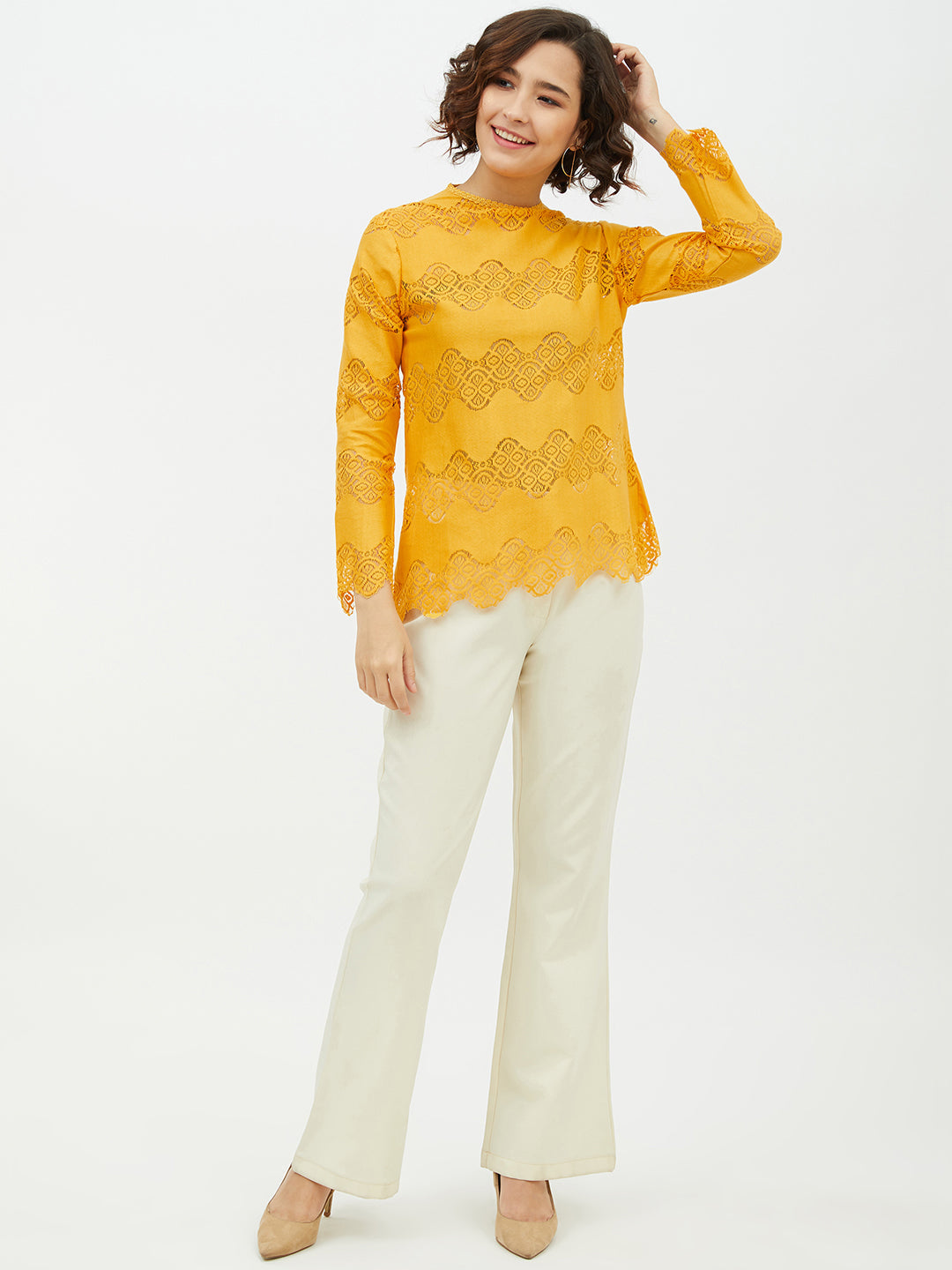 Women's Yellow Self Detail Lace Top