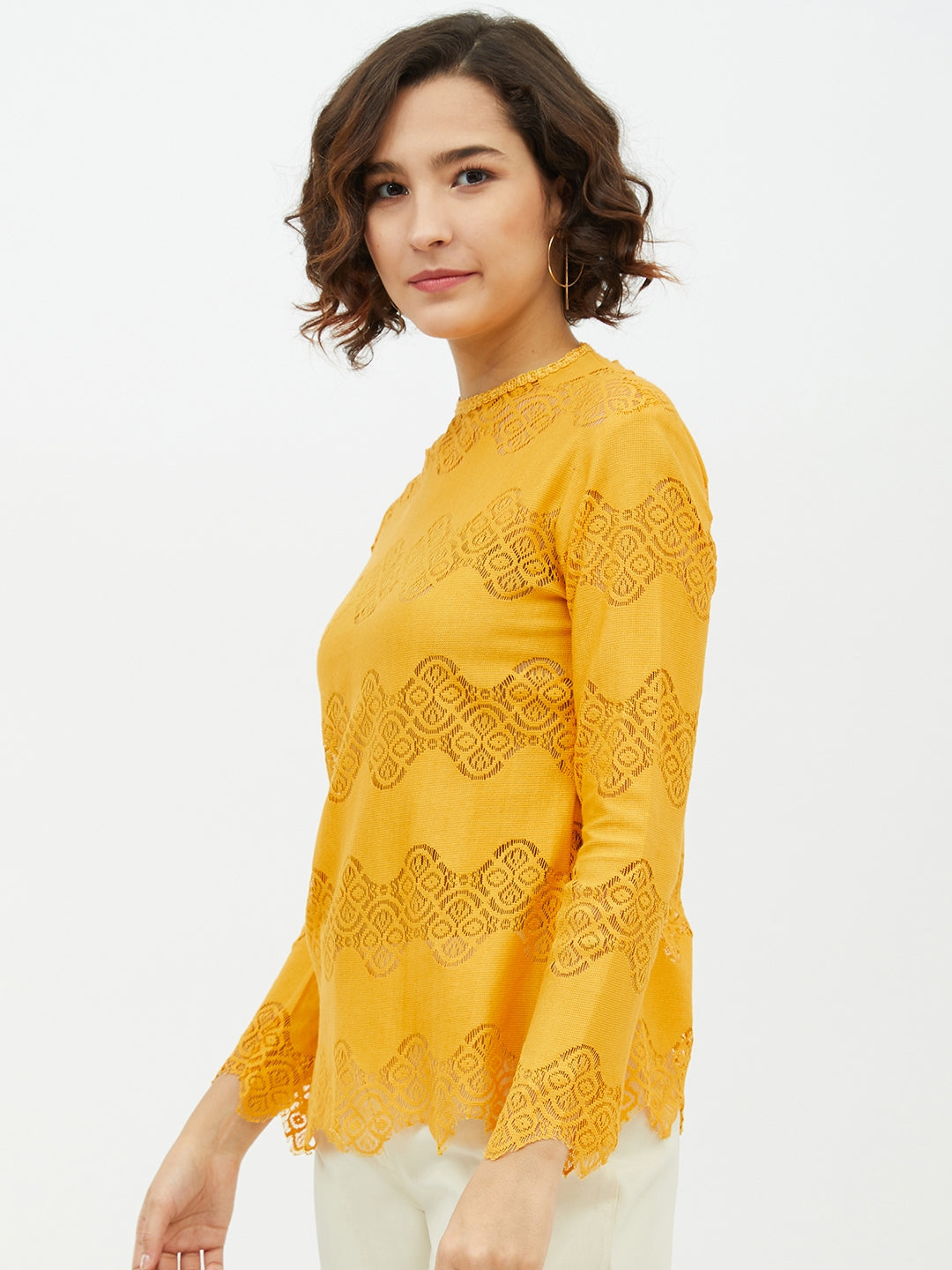 Women's Yellow Self Detail Lace Top
