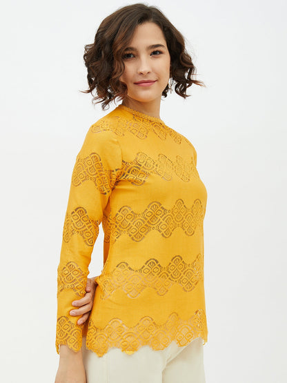 Women's Yellow Self Detail Lace Top