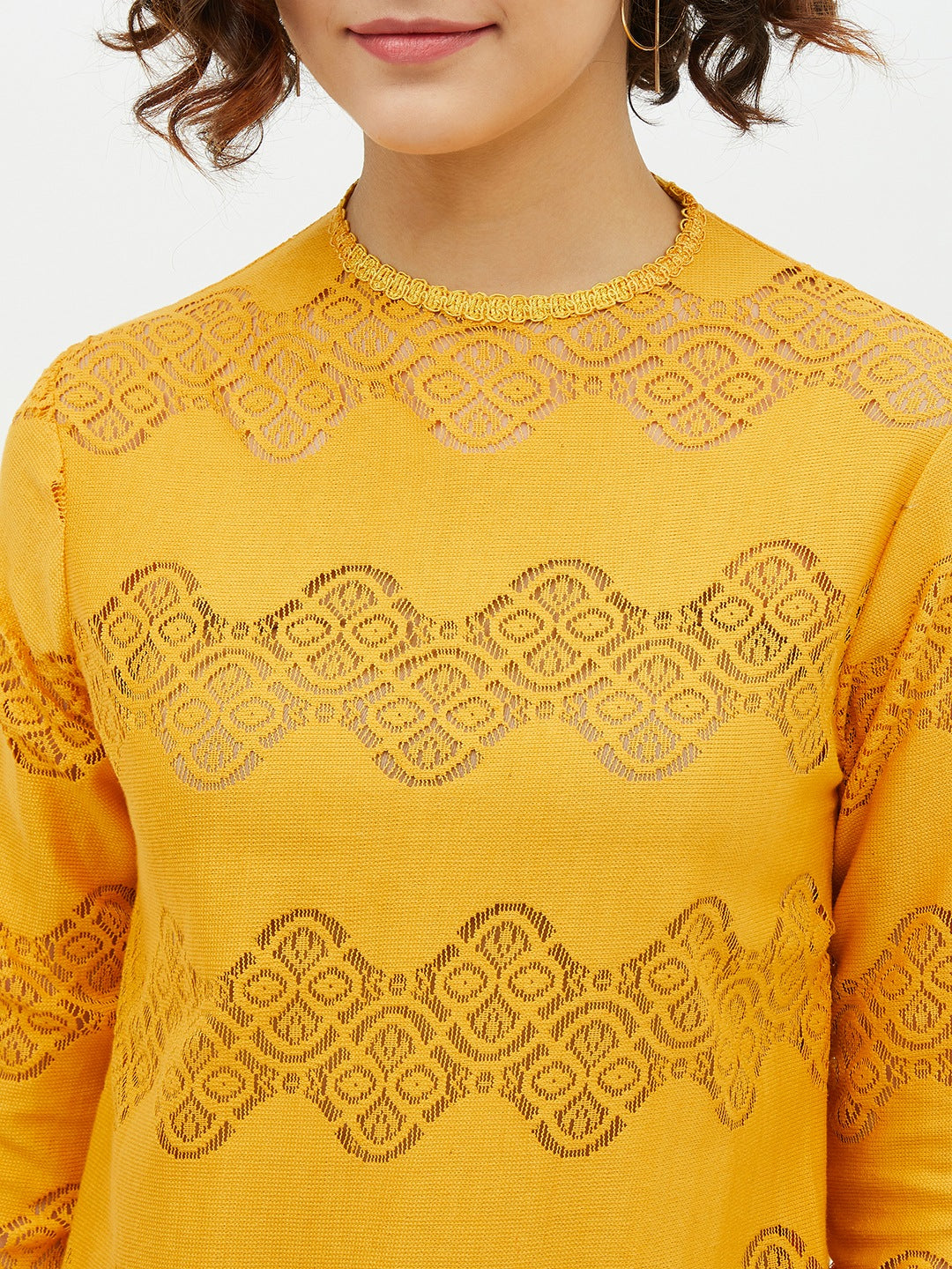 Women's Yellow Self Detail Lace Top