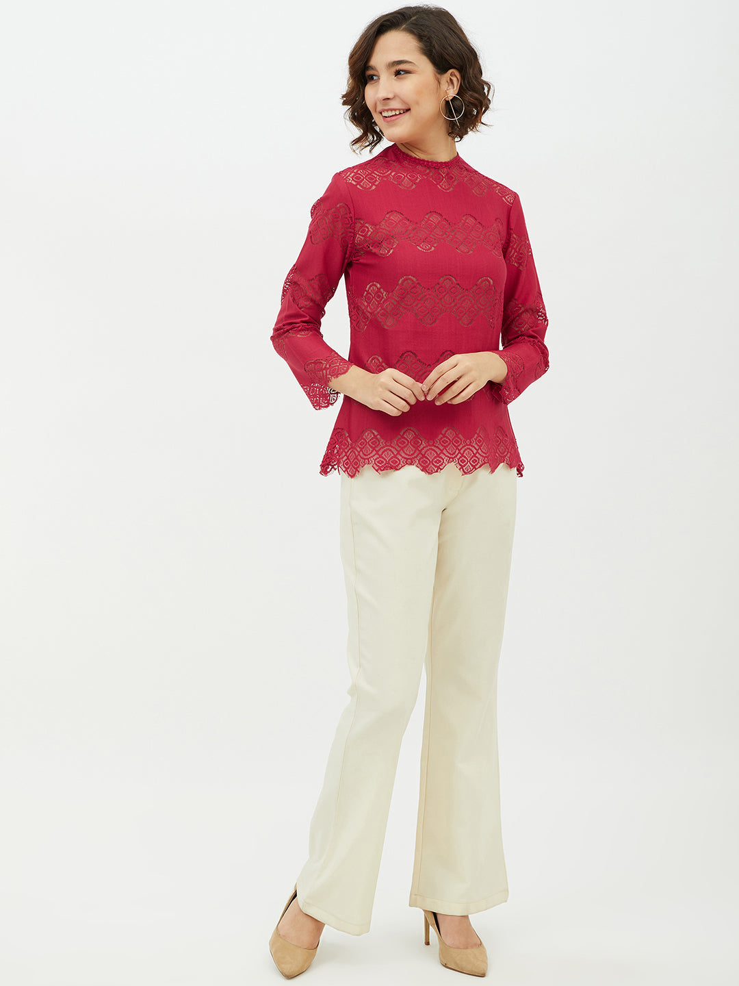 Women's Maroon Self Detail Lace Top
