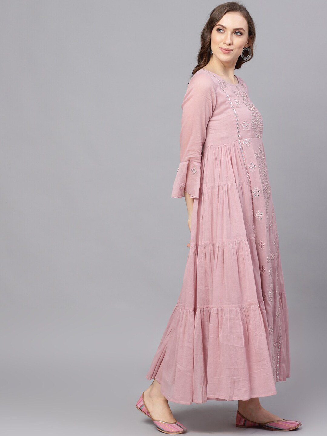 Women's  Mauve Embellished Mirror Work Maxi Dress