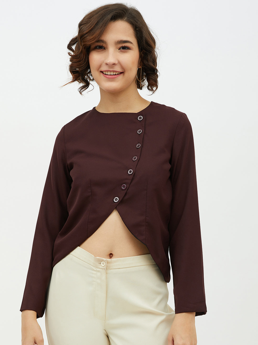 Women's Maroon top with diagonal button top