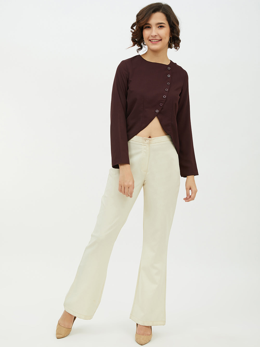 Women's Maroon top with diagonal button top