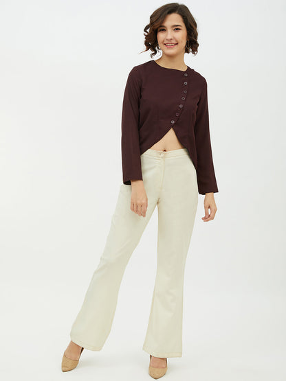 Women's Maroon top with diagonal button top