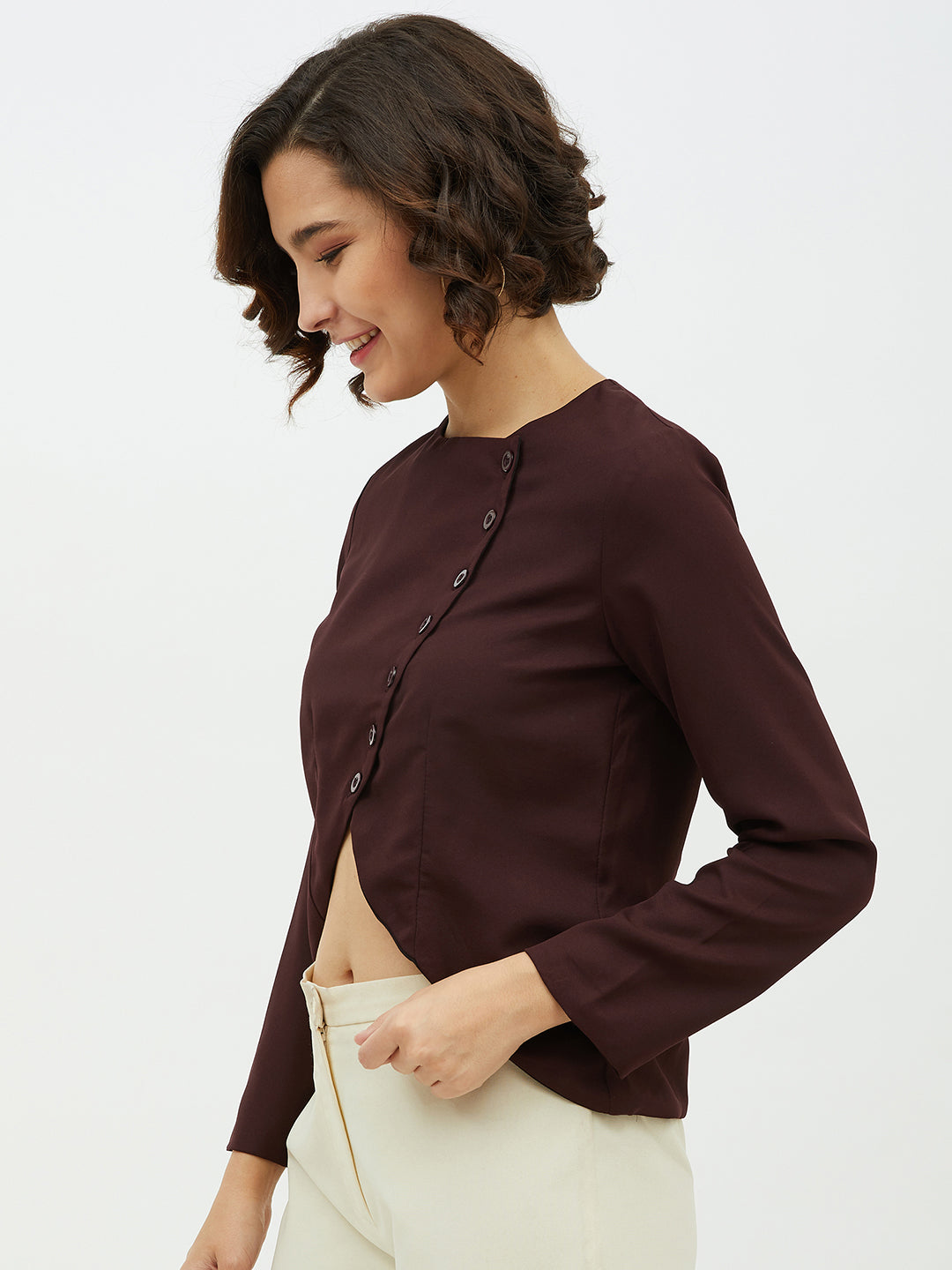 Women's Maroon top with diagonal button top