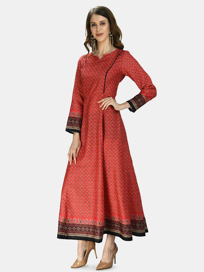 Women Red Printed Silk Dress by Myshka (