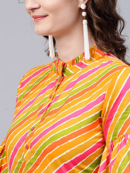 Women's Mustard Yellow & Green Leheriya Print Tunic
