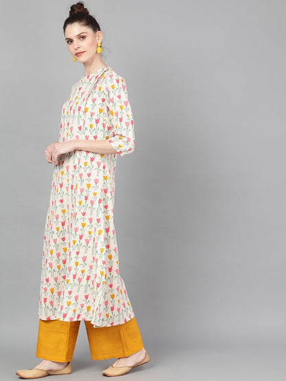 Women's  Off-White & Pink Floral Printed A-Line Kurta - AKS.C