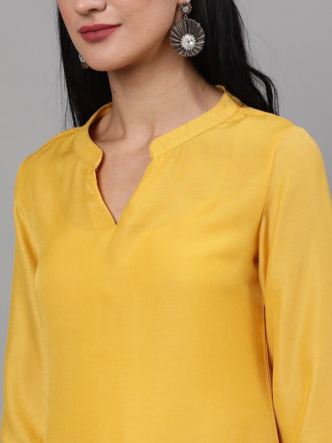 Women's  Yellow & Gold-Toned Embroidered Kurta with Trousers