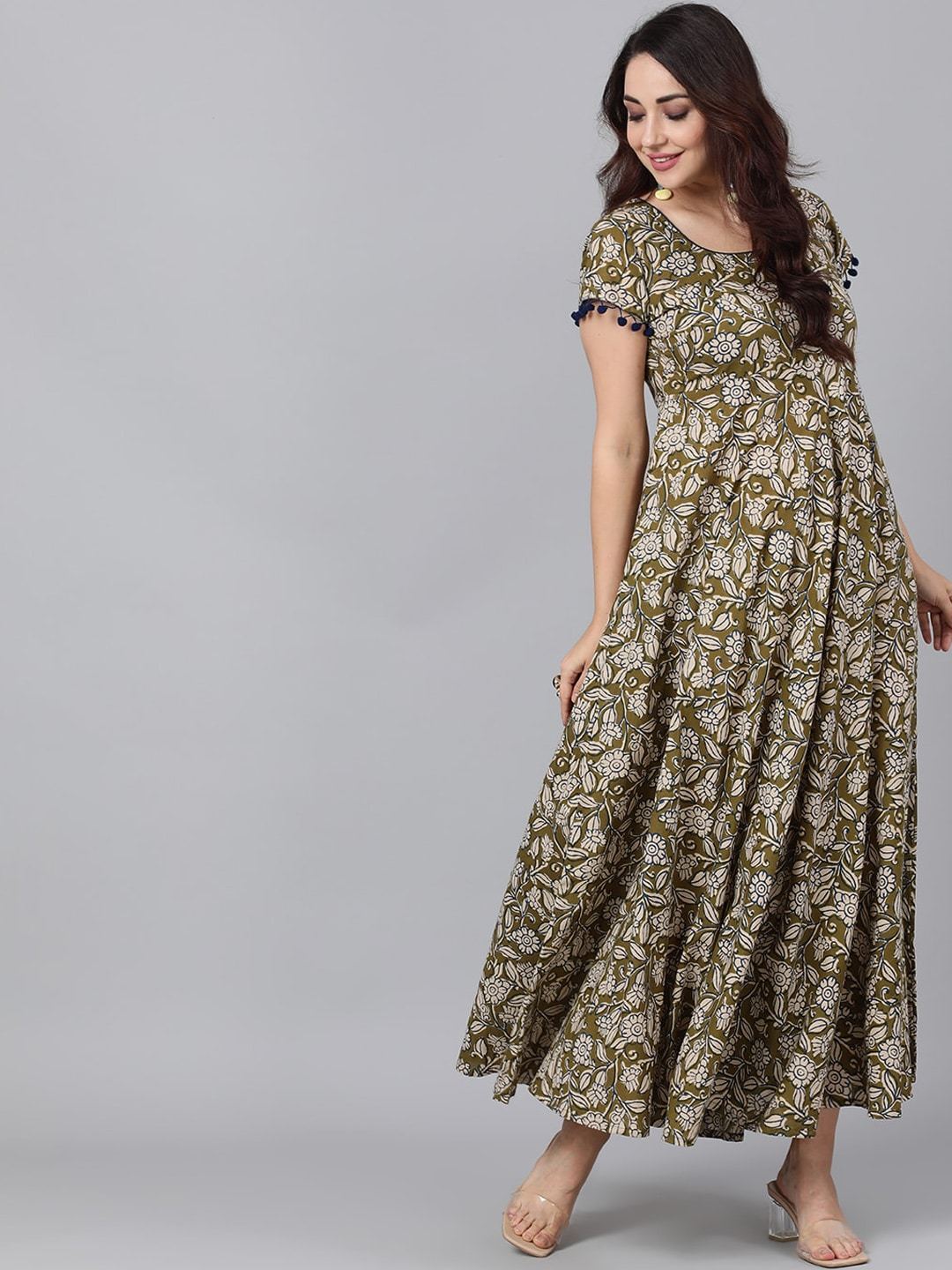 Women's  Olive Green & Beige Printed Maxi Dress