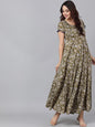 Women's  Olive Green & Beige Printed Maxi Dress