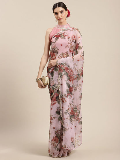 Women's Pink Chiffon Digital Print Floral Saree
