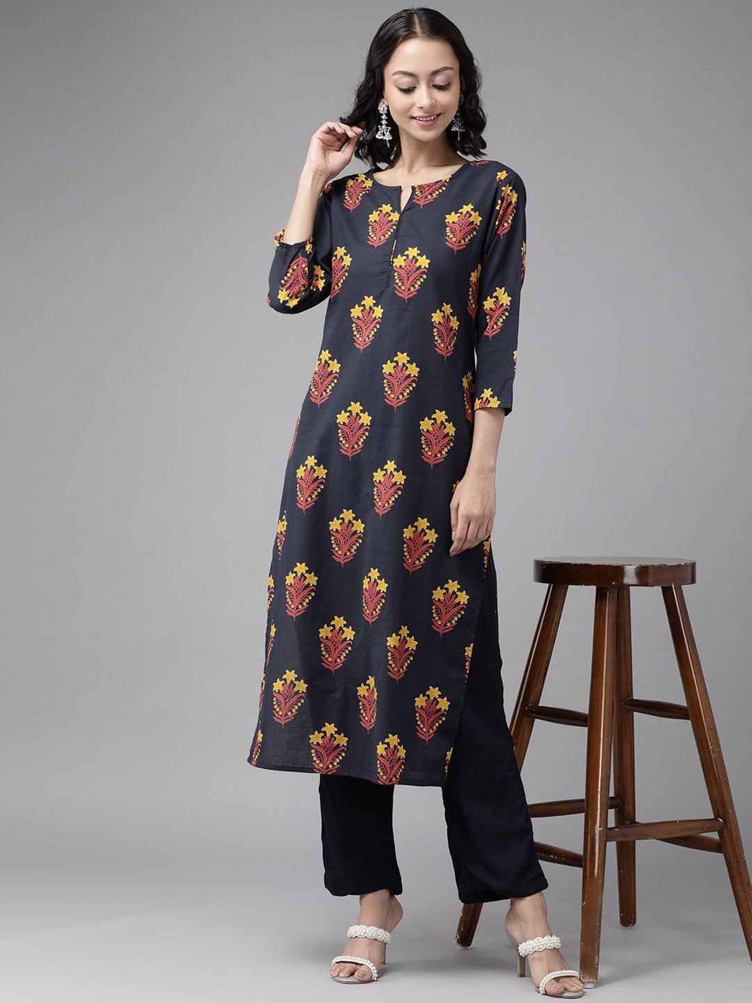 Women's Navy Blue & Mustard Kurta Set