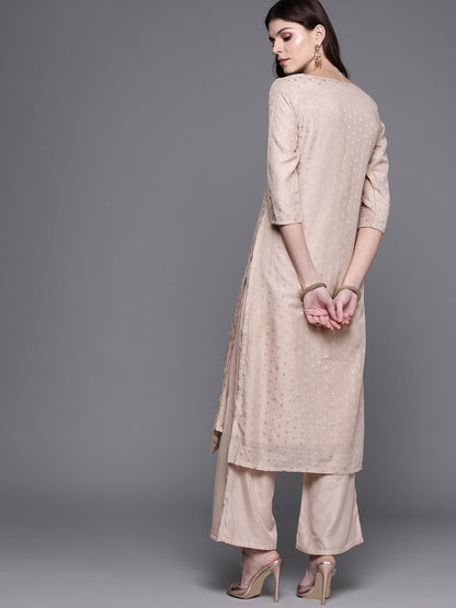 Women's  Dusty Pink & Golden Woven Design Kurta with Palazzos