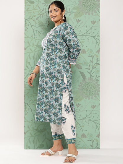 Women's Green Hand Block Printed Kurta With Trouser And Dupatta
