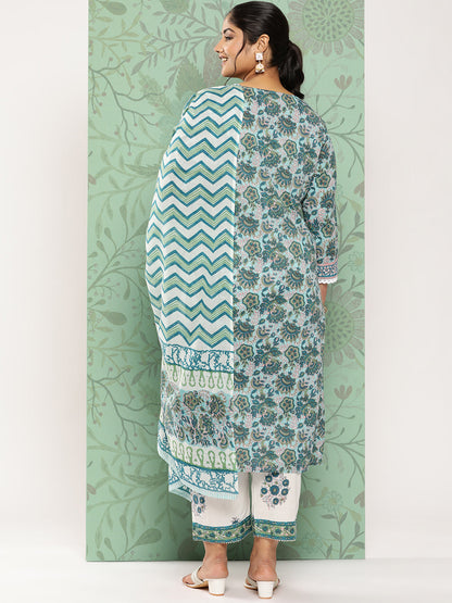 Women's Green Hand Block Printed Kurta With Trouser And Dupatta