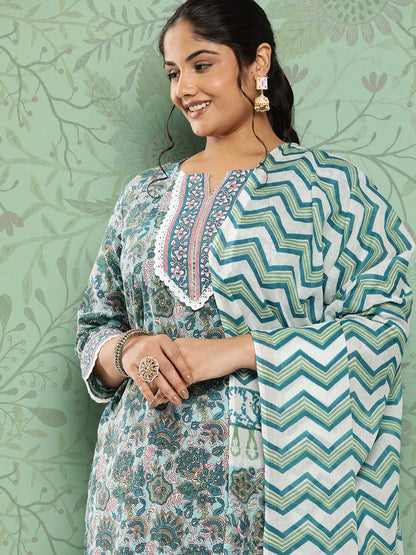 Women's Green Hand Block Printed Kurta With Trouser And Dupatta