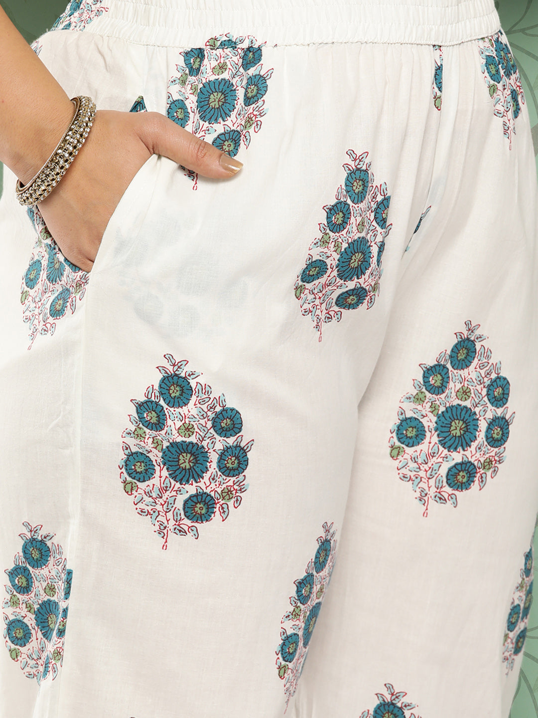 Women's Green Hand Block Printed Kurta With Trouser And Dupatta