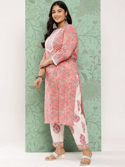 Women's Peach Hand Block Printed Kurta With Trouser And Dupatta