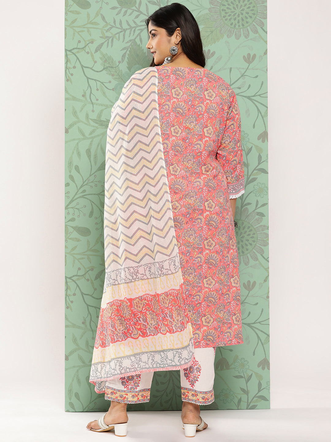 Women's Peach Hand Block Printed Kurta With Trouser And Dupatta