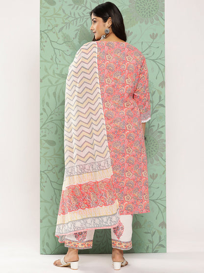 Women's Peach Hand Block Printed Kurta With Trouser And Dupatta