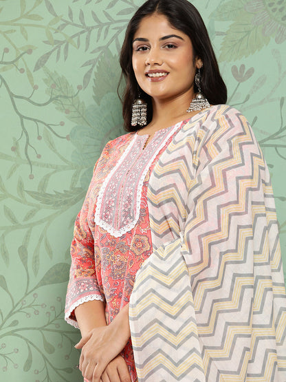 Women's Peach Hand Block Printed Kurta With Trouser And Dupatta