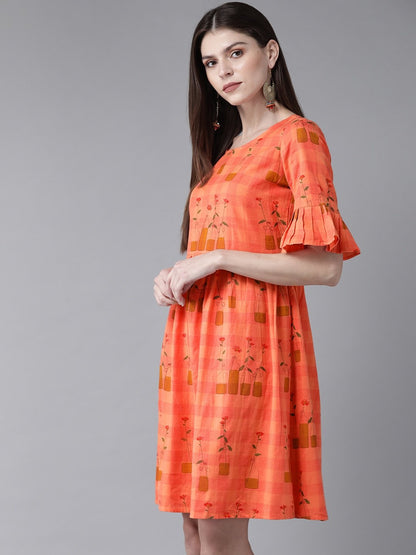 Women's  Orange & Mustard Brown Printed Fit and Flare Dress