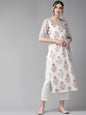 Women's  White & Rust Red Printed Angrakha Straight Kurta