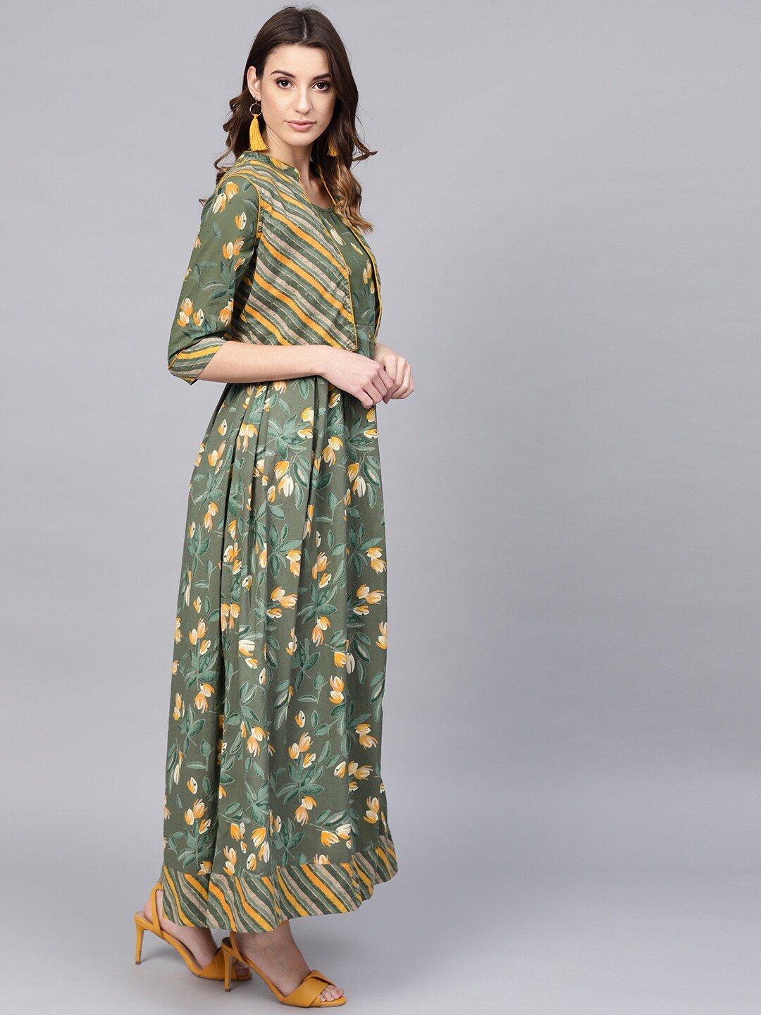 Women's  Green & Yellow Floral Printed Maxi Dress with Ethnic Jacket
