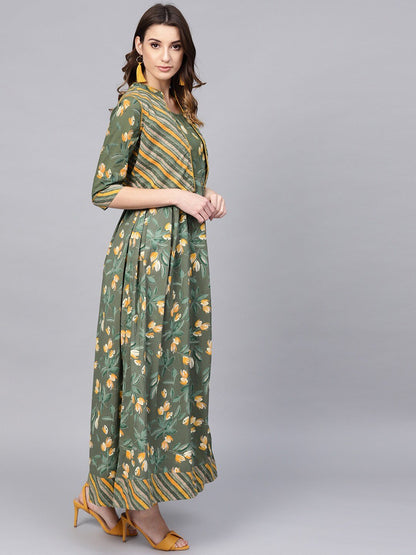 Women's  Green & Yellow Floral Printed Maxi Dress with Ethnic Jacket