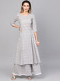 Women's  Grey & White Khari Print Kurta with Palazzos