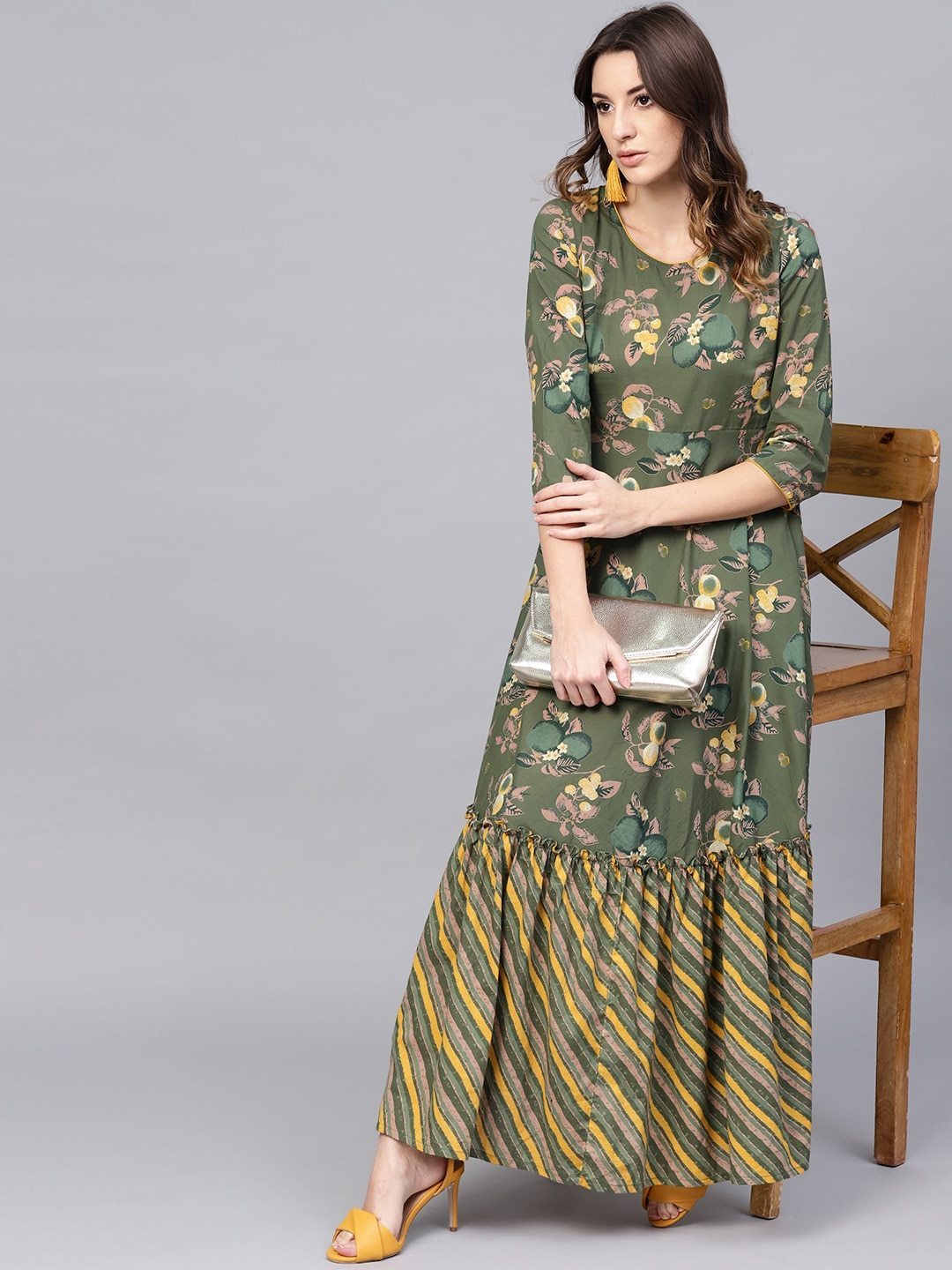 Women's  Green & Yellow Floral Printed Maxi Dress