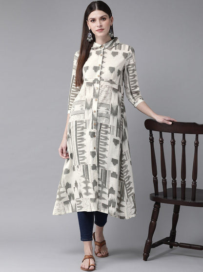 Women's  Off-White & Olive Green Printed A-Line Kurta