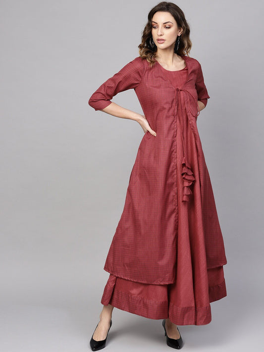 Women's  Maroon & Navy Checked Maxi Dress