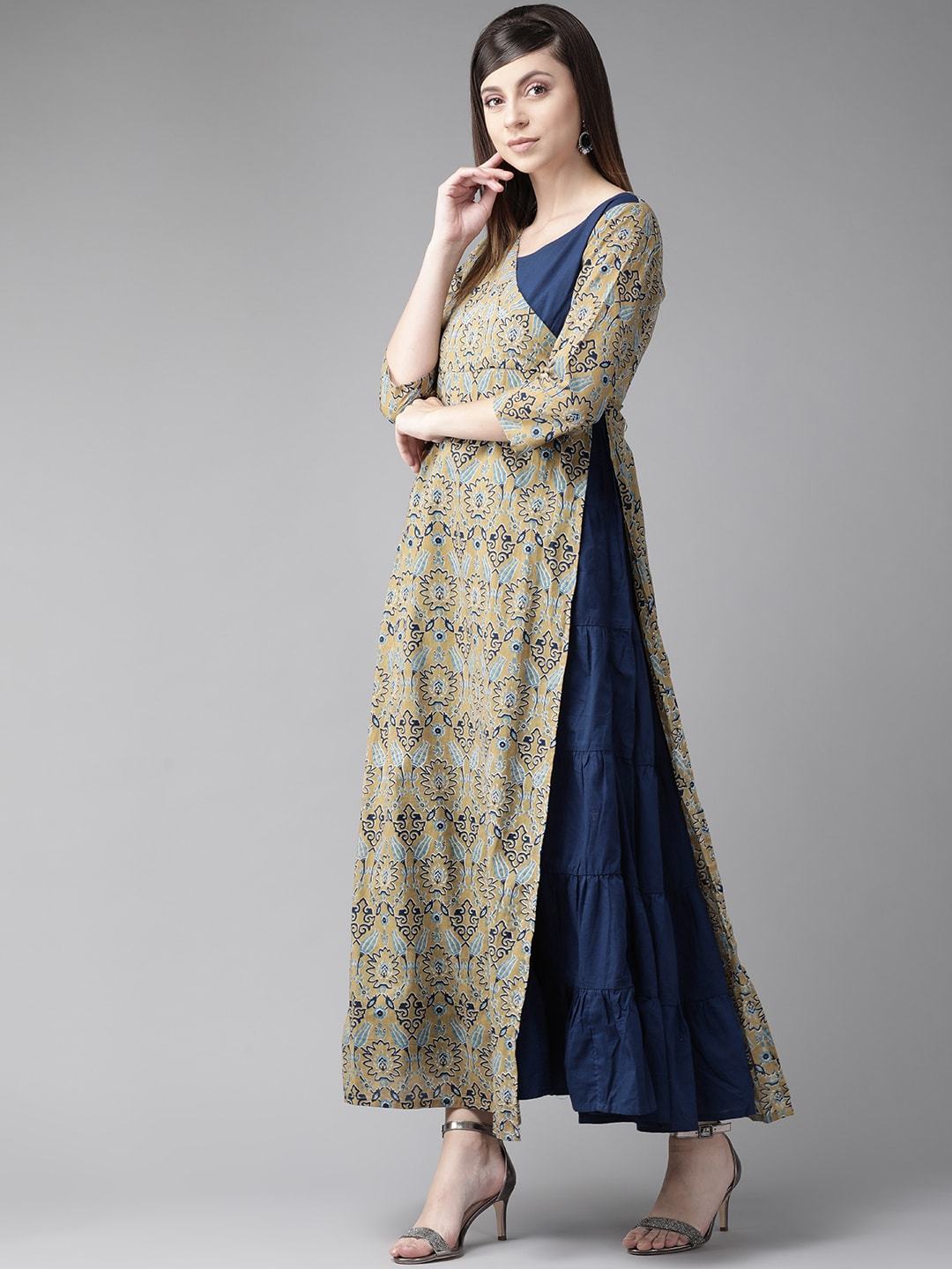 Women's  Navy Blue & Beige Printed Layered Maxi Dress