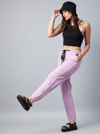 Women's Black Cotton Twill Jogger With Pink Draw String