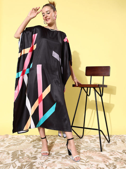 Women's Satin Black & Multicoloured Kaftan Dress