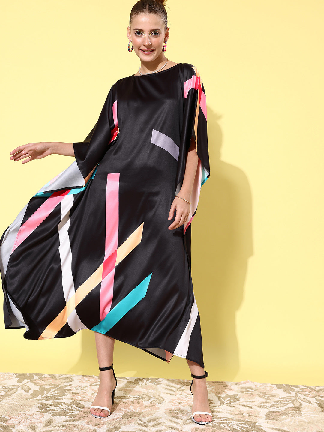 Women's Satin Black & Multicoloured Kaftan Dress