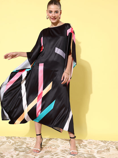Women's Satin Black & Multicoloured Kaftan Dress