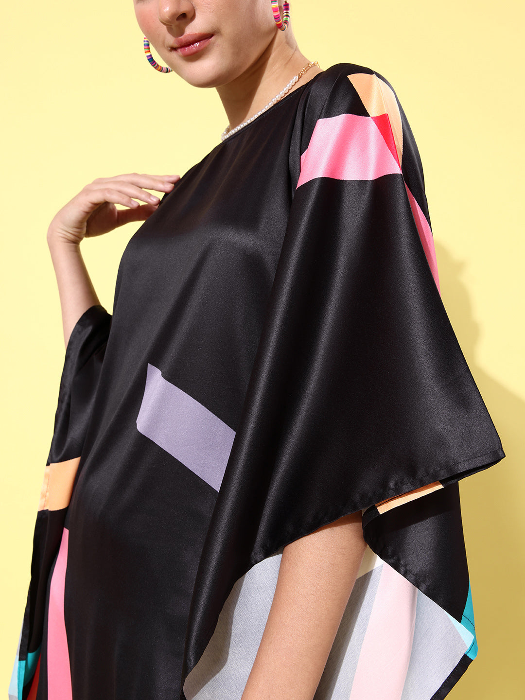 Women's Satin Black & Multicoloured Kaftan Dress