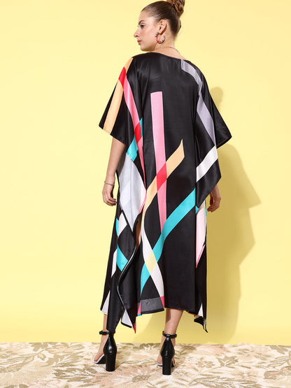 Women's Satin Black & Multicoloured Kaftan Dress
