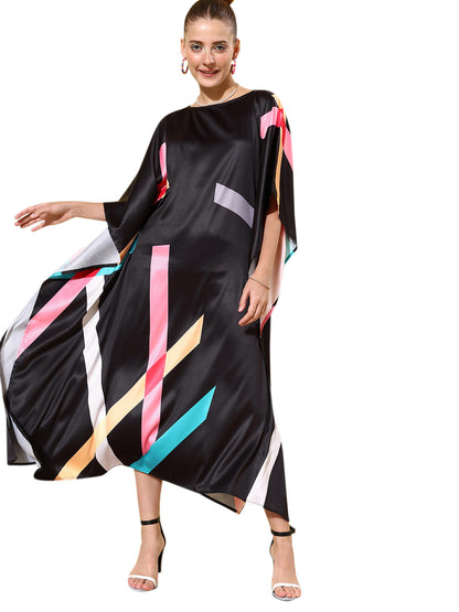Women's Satin Black & Multicoloured Kaftan Dress
